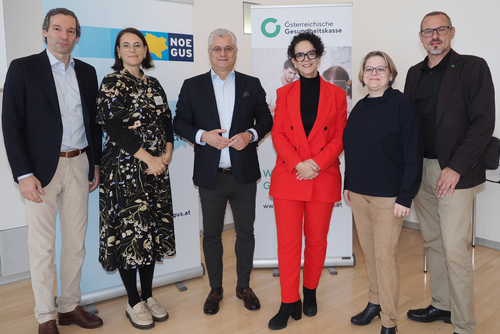 Mag. Volker Knestel, MSc, Bakk. (Geschäftsführer NÖGUS), Ass.-Prof. Dr. in Vera Gallistl-Kassing, BA, MA (Karl Landsteiner Privatuniversität für Gesundheitswissenschaften), Landesrat und NÖGUS-Vorsitzender Martin Antauer, Dr. Karoline Tauchmann (2. Kurienobfrau-Stellvertreterin niedergelassene Ärztinnen und Ärzte), Dr. Dagmar Fedra-Machacek (Vizepräsidentin der Ärztinnen- und Ärztekammer für NÖ und Kurienobfrau der niedergelassenen Ärztinnen und Ärzte) und Robert Leitner (Vorsitzender des Landesstellenausschusses der Österreichischen Gesundheitskasse in NÖ) begrüßten das Publikum des Praxistages. 